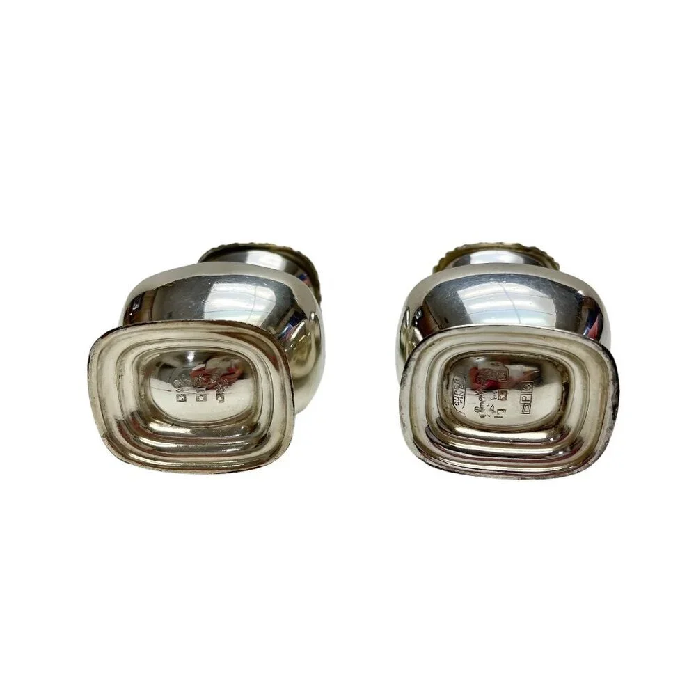Two Silver Plate Salt Pepper Shakers Marked Super Fine EPC Electroplated Copper